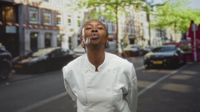 Young african american woman chef in white jacket puckering lips blowing a kiss on a street; joy confidence.