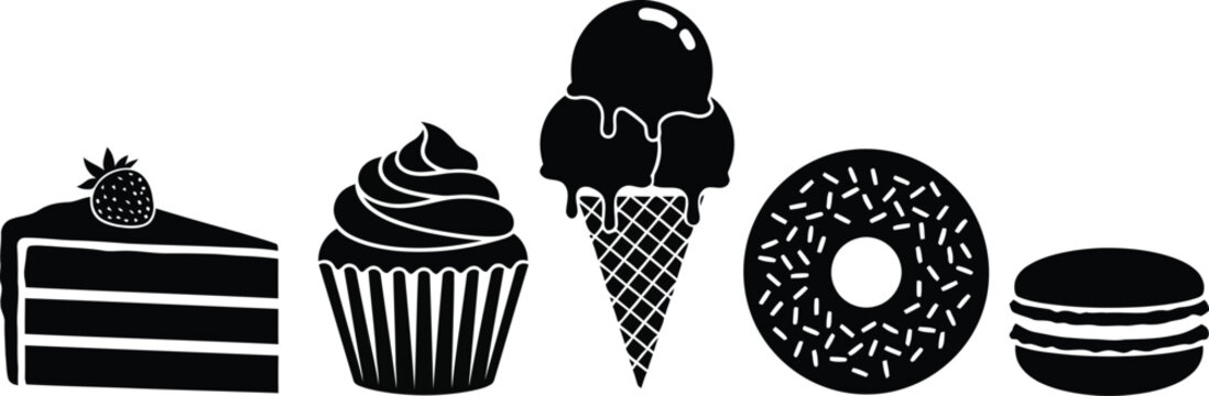 Black silhouette of cake ice cream donut and macaron on white background cake slice strawberry cupcake ice cream cone donut macaron dessert sweet food black white simple