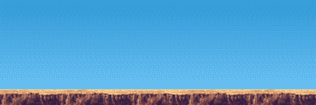 Pixel art landscape with brown ground and blue sky background. Retro game scene for side scrolling level design. Vector graphic illustration of an outdoor desert environment stage.