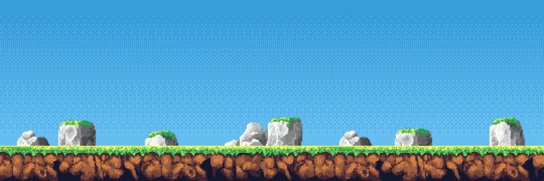 Pixel art landscape with grass and stone on blue sky background. 2D platformer game level design. Retro video game environment background for digital game development art project.
