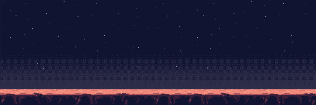 Pixel art landscape of a desert planet under a night sky with stars. Retro video game background for platformer stage design. Digital illustration of alien surface in retro style.