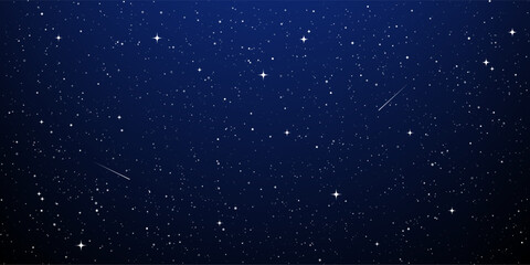Starry night sky with glowing stars and shooting stars. Cosmos background with nebula and galaxy. Infinite space vector illustration for astronomy, science, galaxy, planet, universe. © hiten666