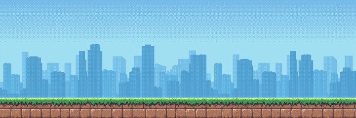 Pixel art cityscape background with city skyline and green grass. Retro video game level design with urban buildings and ground platform for 2D side scrolling platformer adventure. © hiten666
