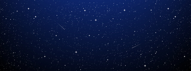 Night sky with twinkling stars and shooting comet on dark blue background. Celestial galaxy horizon with glowing cosmic nebula. Abstract space vector illustration for science wallpaper. © hiten666