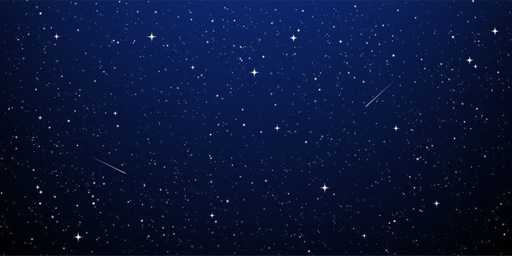 Starry night sky with glowing stars and shooting stars. Cosmos background with nebula and galaxy. Infinite space vector illustration for astronomy, science, galaxy, planet, universe.