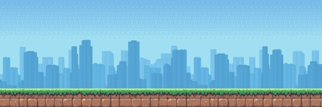 Pixel art cityscape background with city skyline and green grass. Retro video game level design with urban buildings and ground platform for 2D side scrolling platformer adventure.