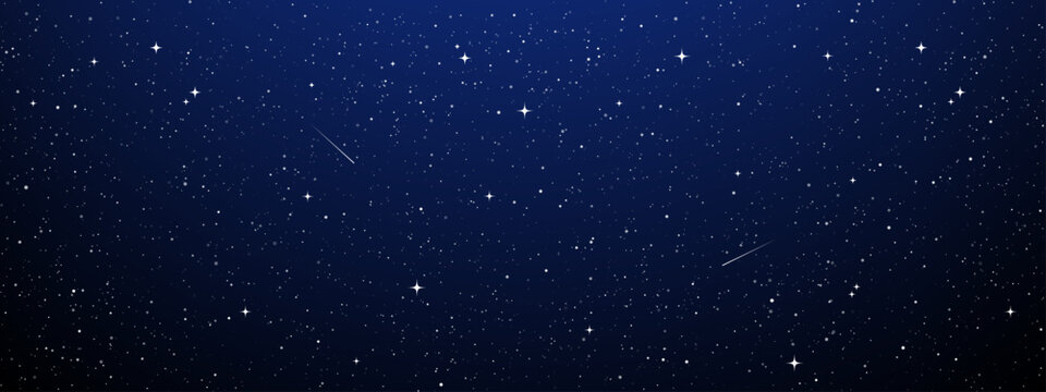 Night sky with twinkling stars and shooting comet on dark blue background. Celestial galaxy horizon with glowing cosmic nebula. Abstract space vector illustration for science wallpaper.