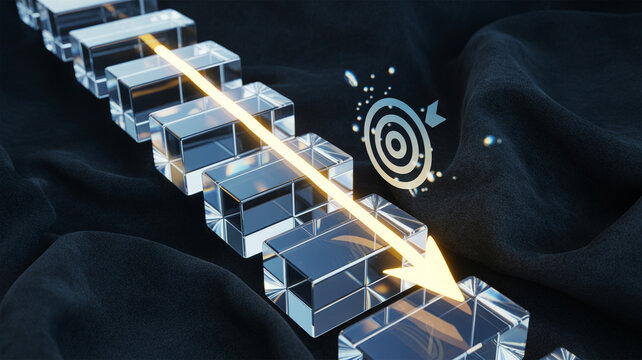 3D rendering of a series of cubes with a target symbol on the last cube