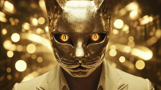 Man in golden cat mask with white suit in mysterious corridor