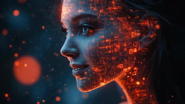 Young woman with digital face glowing in futuristic neon lights