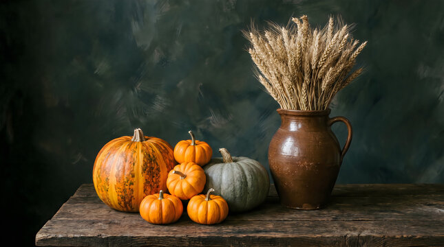 Still life of pumpkins in an autumn harvest pumpkin patch with seasonal orange gourds, farm vegetables, Halloween, and Thanksgiving decorations