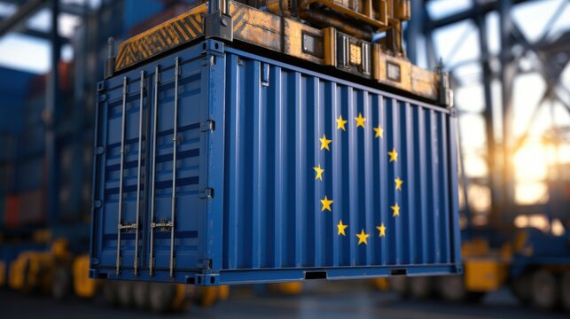Shipping container with European Union flag being lifted at industrial port terminal