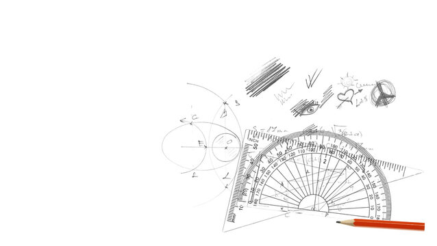 Plastic transparent ruler and semicircle protractor with abstract drawings of geometric shapes isolated on white background, design element
