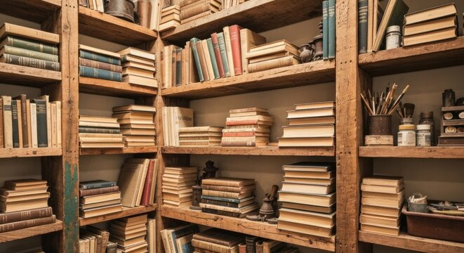 A warmly lit, old wooden bookshelf, crammed with countless aged books, some art supplies