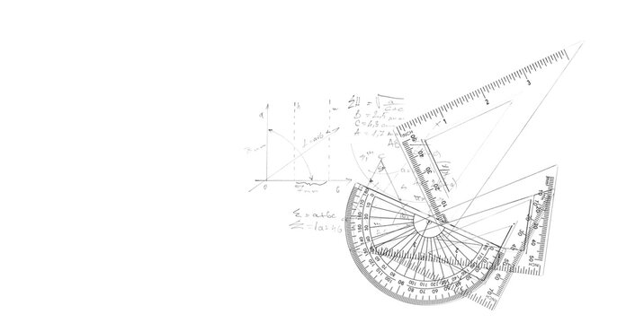 Plastic transparent ruler and semicircle protractor with abstract drawings of geometric shapes isolated on white background, design element