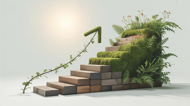 Green plant growing on a staircase made of bricks with an upward arrow, progress