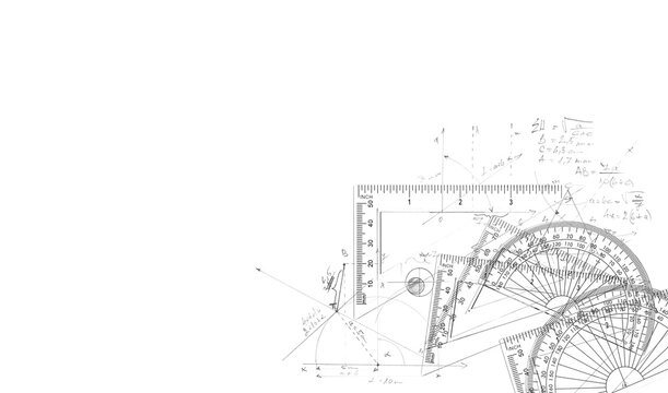 Plastic transparent ruler and semicircle protractor with abstract drawings of geometric shapes isolated on white background, design element
