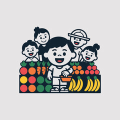 Fototapeta premium Cheerful children selecting fresh produce at a vibrant market stall, showcasing colorful fruits and vegetables in a playful, illustrative style.
