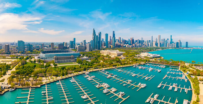 Aerial Panoramic View of Chicago Skyline with Museum Campus and Burnham Harbor