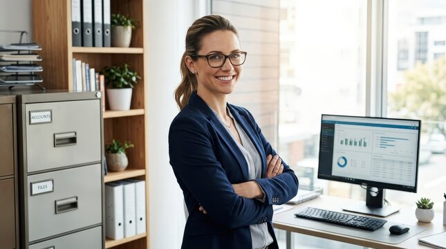 Confident businesswoman in modern office with computer and charts, smiling and professional