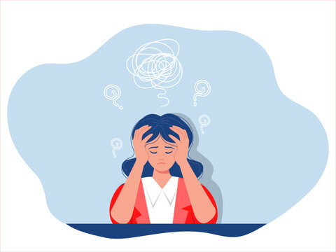 woman suffers from obsessive thoughts; headache; unresolved issues; psychological trauma; depression.Mental stress panic mind disorder illustration Flat vector illustration