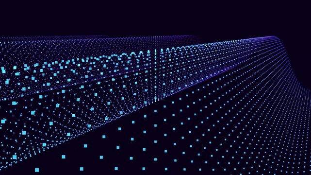 High quality 4K seamless animated loop. Features a colorful gradient abstract digital landscape made of glowing particles forming flowing waves. Perfect for technology backgrounds, data visualization 