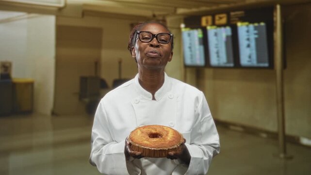 Young african american woman chef smiles and holds a round cake with both hands while wearing a white chef jacket in an airport terminal with flight boards visible; pride.