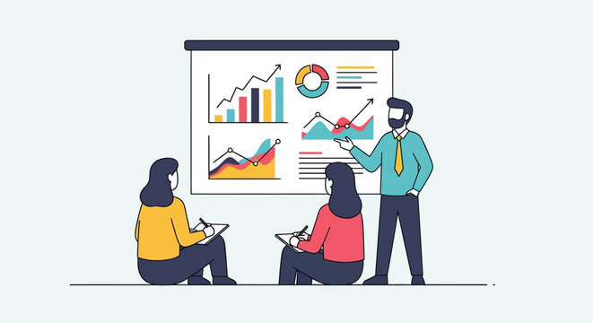 Business meeting with charts and graphs presentation, team analysis