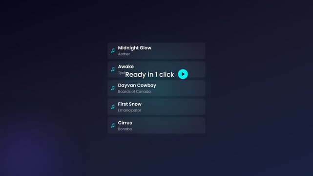 User Interface Interaction with a Music Playlist. Clicking a Song to Play. Modern Dark Mode App Animation
