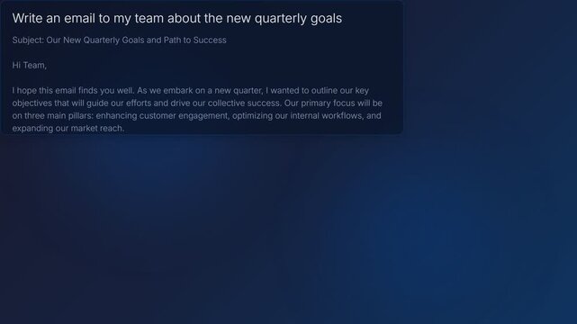 Generative AI writing a corporate email about quarterly goals. Artificial intelligence chatbot generating text on a dark mode interface. Business productivity technology