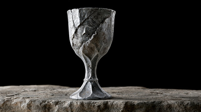 Gothic chalice stone goblet medieval still life dark background carved cup ancient vessel rustic texture fantasy decor ceremonial cup silver gray