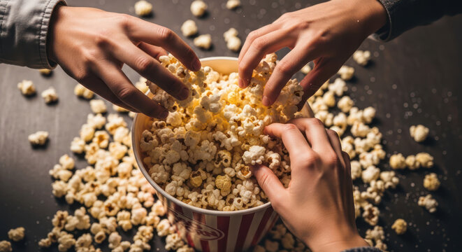 Hands reaching into a large bucket of popcorn sharing a snack.