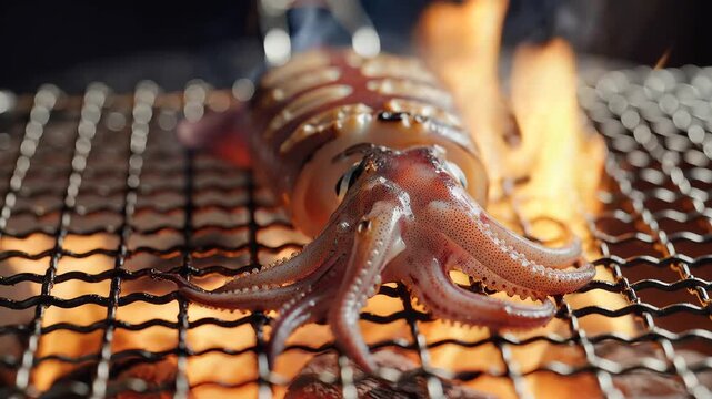 Whole Squid Grilling Over Open Flames on a Metal Grate.