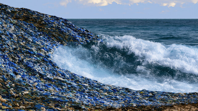 Plastic debris swirling in ocean currents creates polluted wave in blue sea under cloudy sky