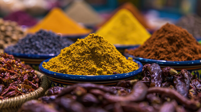 Spice market stall colorful spice dry spice food market bowl heap powder ingredient aromatic traditional market cumin turmeric paprika chili