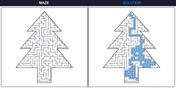 Christmas tree maze puzzle with solution. Educational holiday game template. Logic and problem solving concept