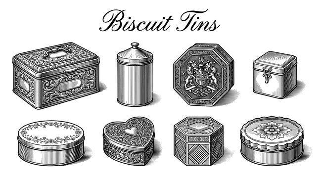 Vintage Biscuit Tins and Metal Cookie Boxes Set in Engraved Woodcut Style, Decorative Victorian Storage Containers and Gift Packaging Vector Illustration