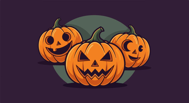 Three carved pumpkins with spooky faces on a dark purple background