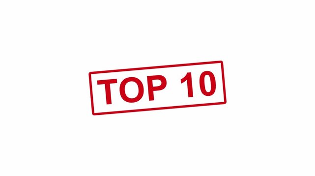 Red rectangular stamp with bold TOP text animates on white background. Simple, clean design emphasizing ranking or list format. Suitable for highlighting top selections or countdowns.