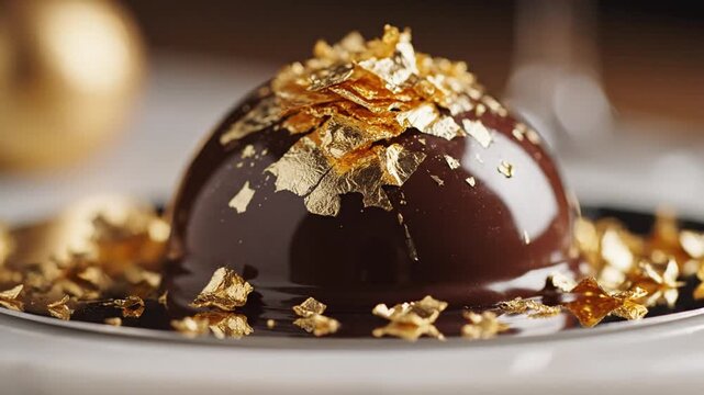 Close-up of a decadent chocolate dessert with gold leaf garnish