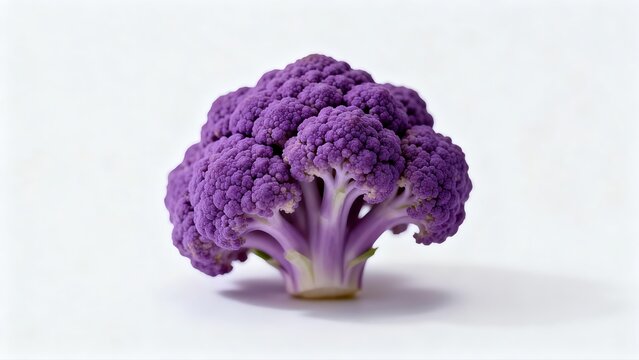 A vibrant purple cauliflower head stands upright on a clean white background showing its pale purple stem.