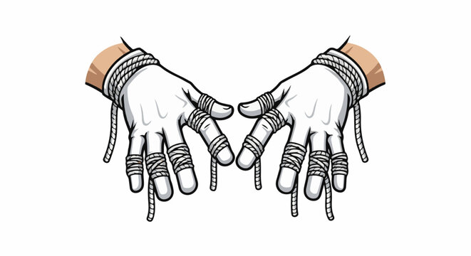 Two hands with white wraps and rope tied around fingers and wrists