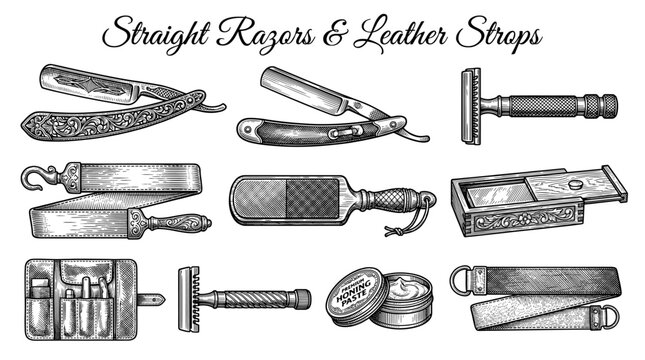 Vintage Barber Shop Tool Set with Straight Razors, Leather Strops, and Shaving Equipment Vector Illustration