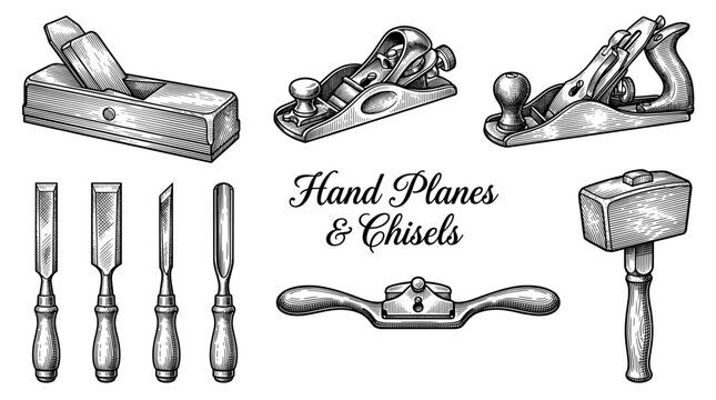 Vintage Woodworking Tools Collection Featuring Hand Planes Chisels Mallet and Spoke Shave Engraving Vector Illustration