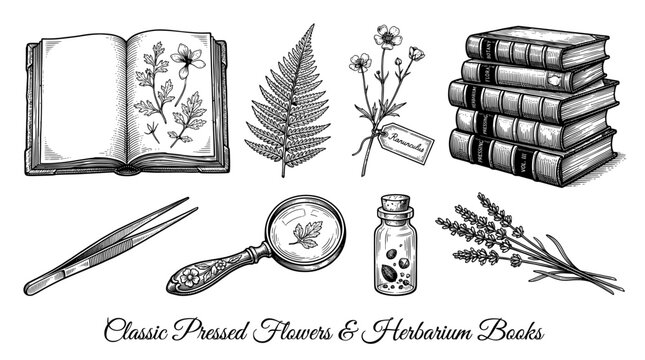 Vintage Herbarium Vector Set with Pressed Flowers, Botanical Books, Magnifying Glass, and Dried Plants in Engraving Style