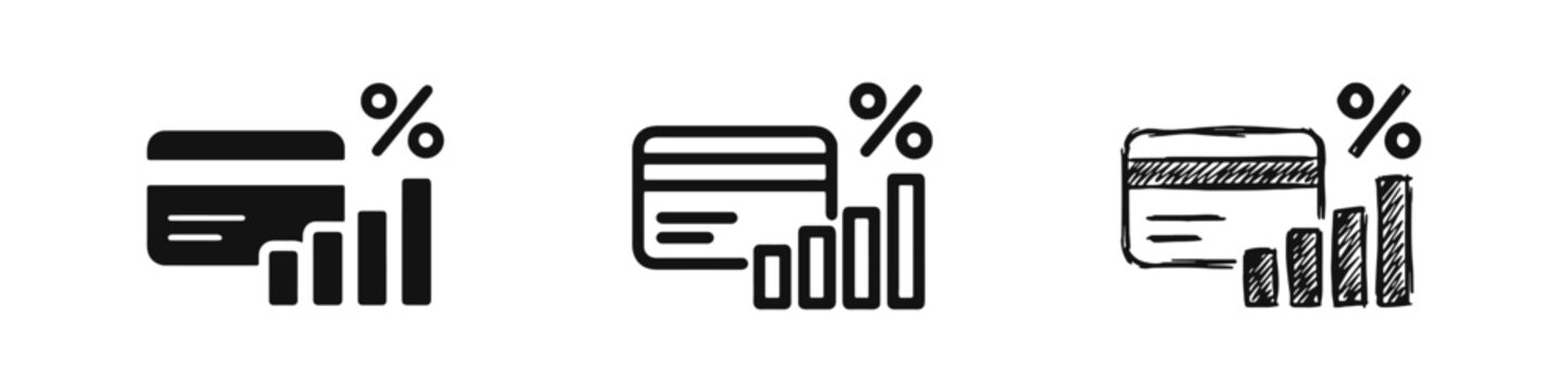 Credit Card Interest Rate and Statistics Icon Set with Bar Chart