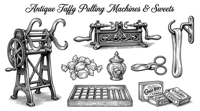 Vintage Antique Taffy Pulling Machines and Confectionery Sweets Illustration Set, Retro Engraving Style Vector Graphics of Candy Making Equipment