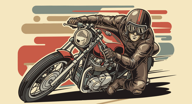 Vintage motorcyclist in leather, leaning into a turn on a classic bike