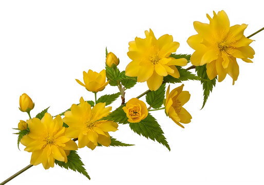 A beautiful branch of bright yellow japanese kerria flowers with green leaves blooming in the spring season