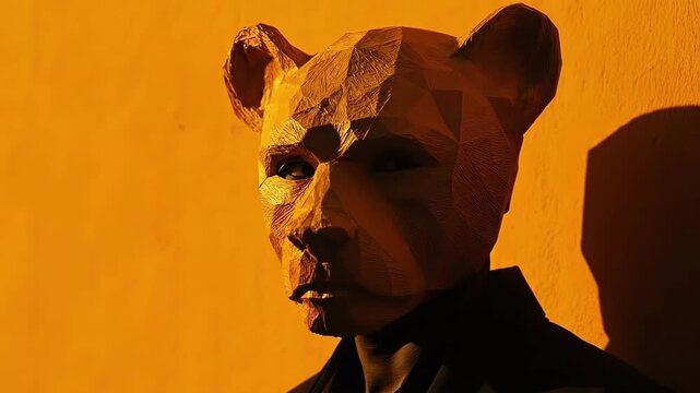 Young man with lion mask in intense yellow lighting